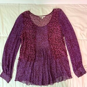 CABi 100% Silk Sonnet Purple Floral Sheer Long Sleeve Blouse Shirt Size L Boho